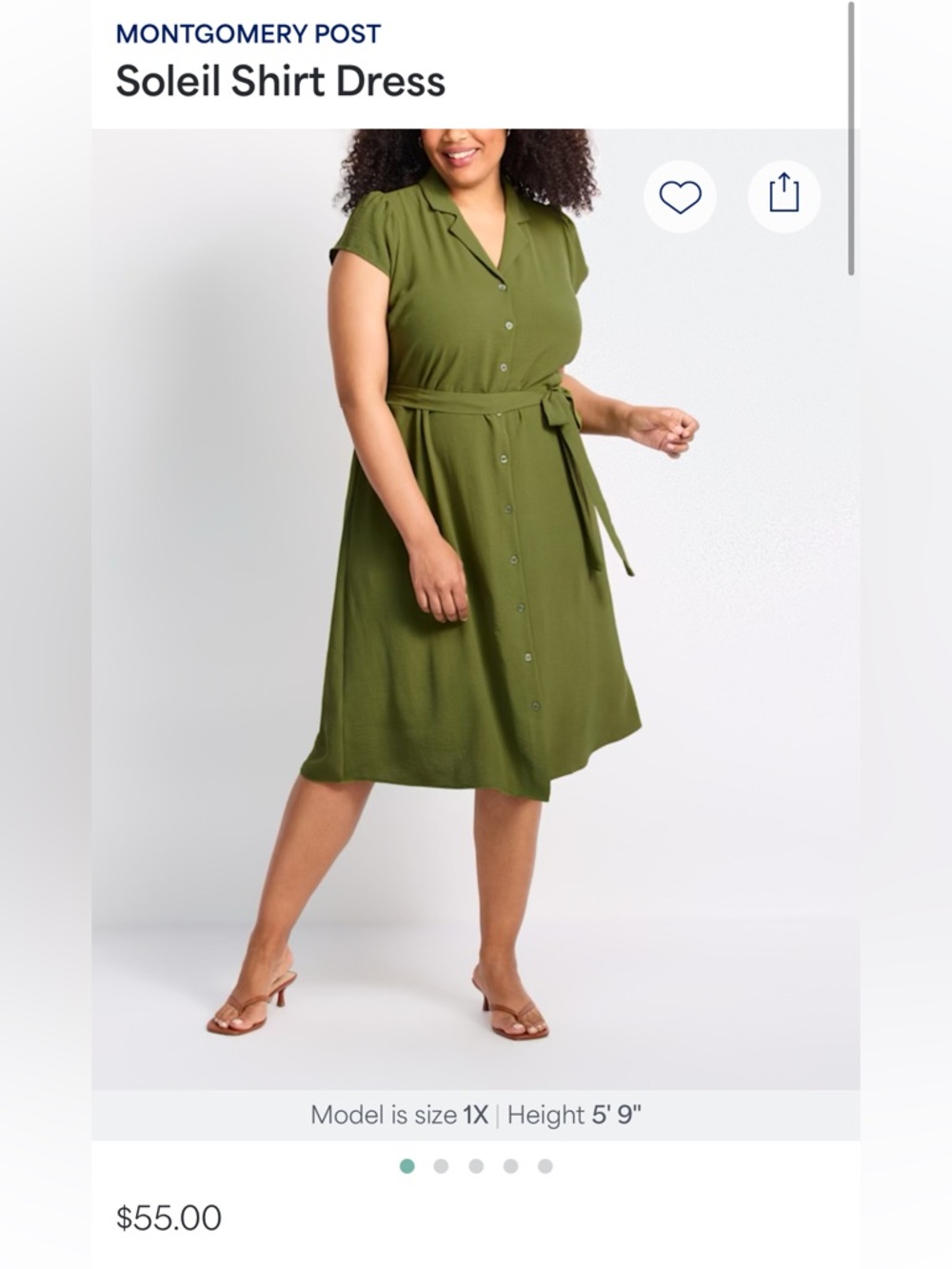 Olive Green Button-Front Shirt Dress with Tie Waist